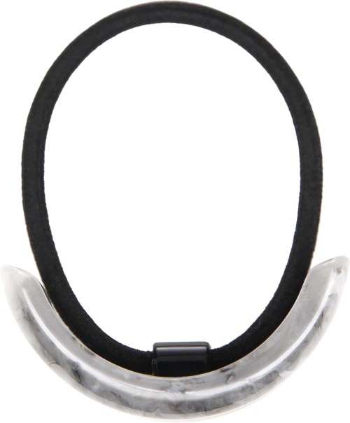 A headband with a clear plastic part and a black elastic band.