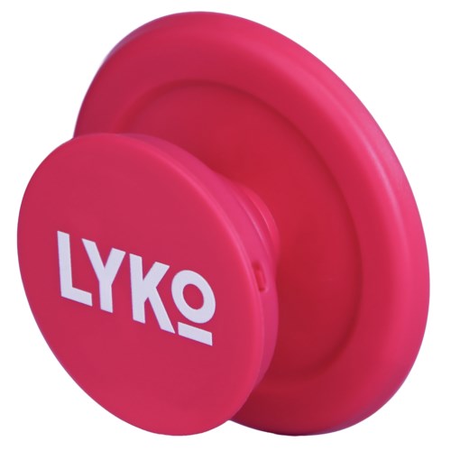 Ein pinkes rundes Objekt mit dem Wort LYKO in Weiß auf einer Seite.