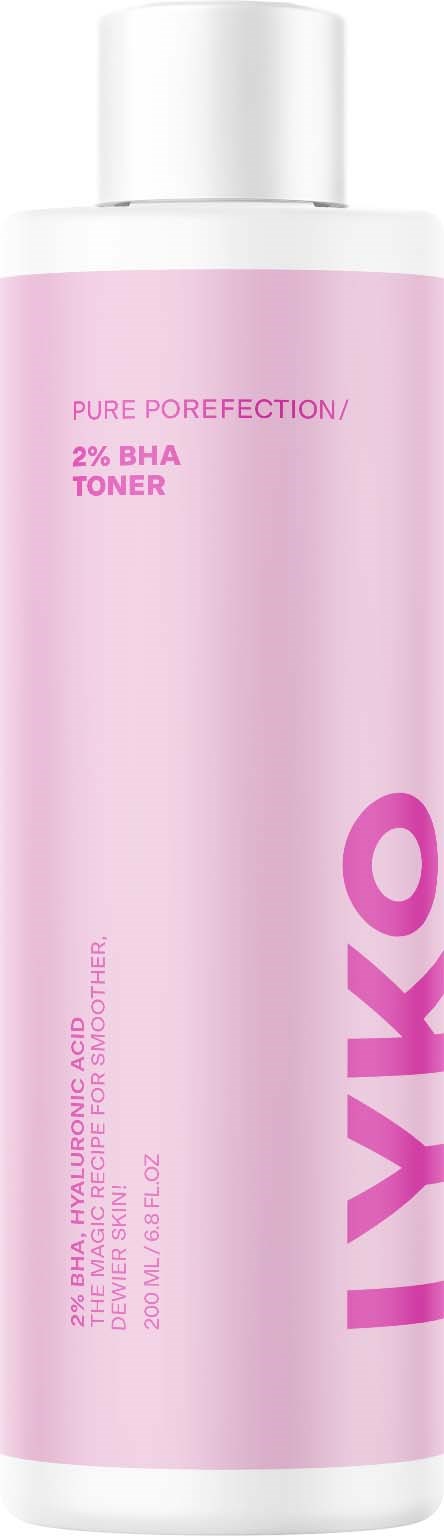 Een lange, roze fles met witte dop, gemarkeerd als een huidverzorgingstoner met 2% BHA.