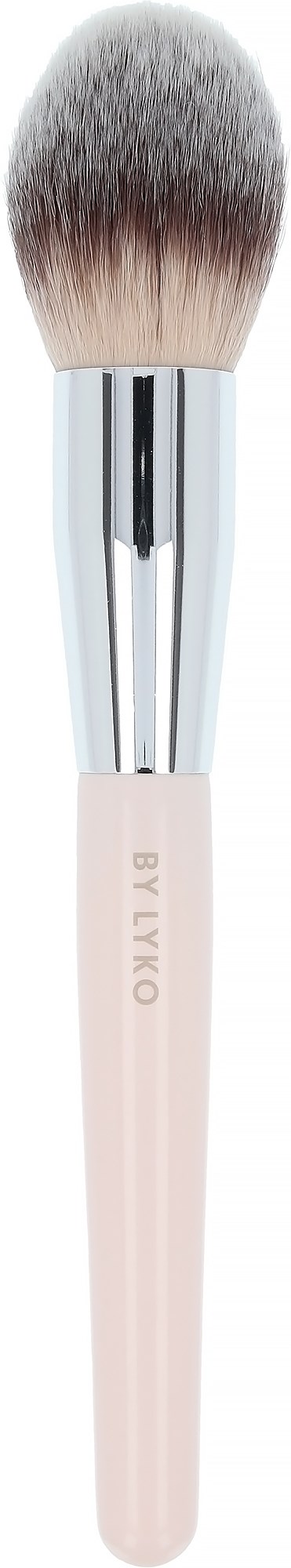 A makeup brush with light pink handle and soft, fluffy bristles for applying powder or blush.