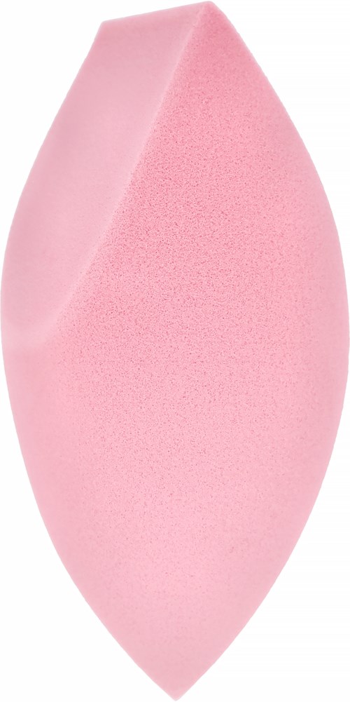 A pink makeup sponge with a pointed tip and rounded base for blending cosmetics.