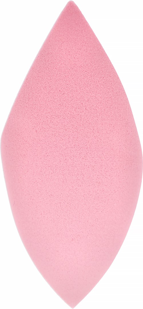 Pink makeup sponge with a pointed tip and soft, rounded body.