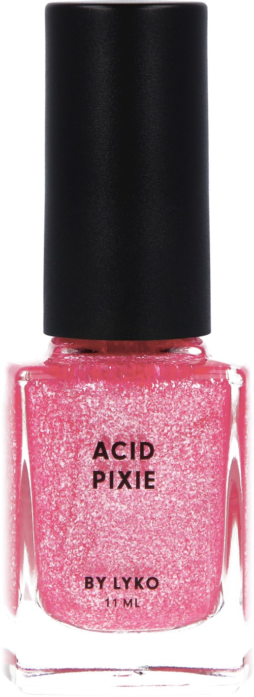 Roze glitter nagellak fles met zwarte dop, gemarkeerd "ACID PIXIE BY LYKO."