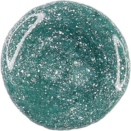 En rund, glänsande, grönblå glasboll med vita fläckar inuti.