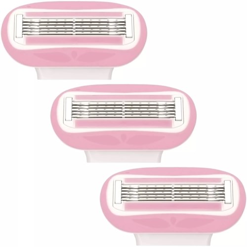 Three pink razor blades with white handles, arranged vertically.