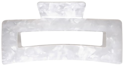 A white and shiny hair clip with a rectangular opening. It has a light, pearly pattern and a top section for gripping.