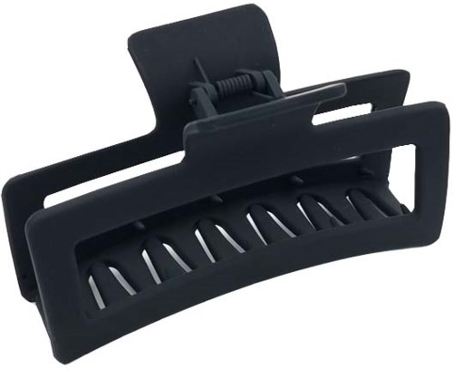 A black hair clip with a spring mechanism and multiple slats, used for holding hair in place.