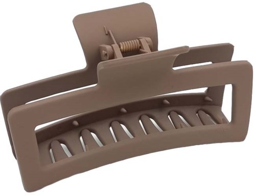 A beige plastic hair clip with a spring and comb-like teeth for holding hair.