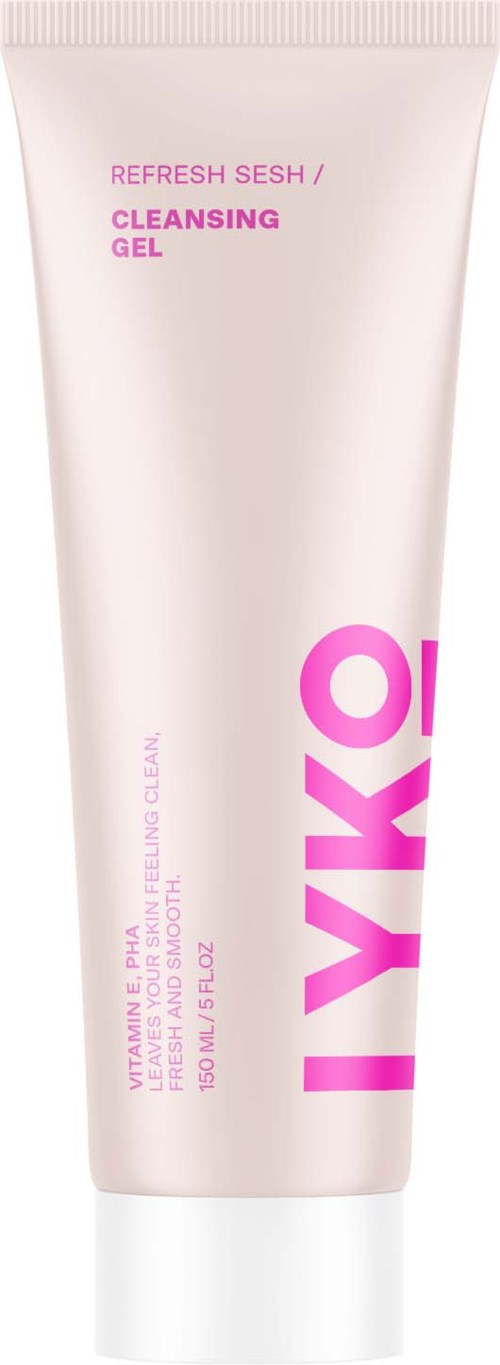 A pink and white tube labeled 'IYIKO' with words indicating it is a cleansing gel containing vitamins.