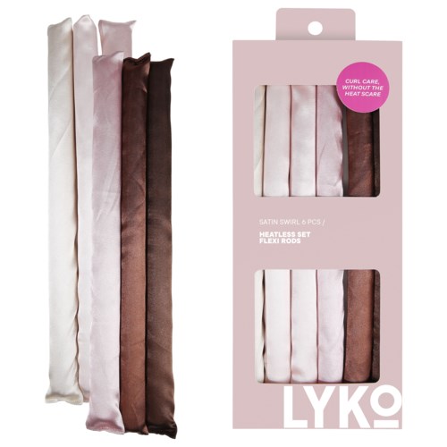 Sechs Satin-Haarklammern in Pink, Weiß und Braun in einer rosa Box mit Text.