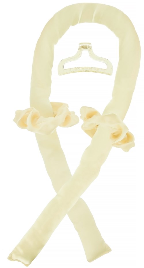 A cream-colored satin hair scrunchie with a bow, and a matching scrunchie with a plastic part inside.