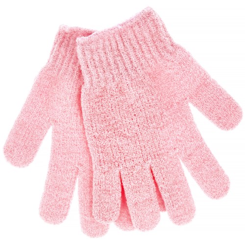 Roze gebreide handschoenen met geribbelde boord en drie kleine gleuven bij de pols.