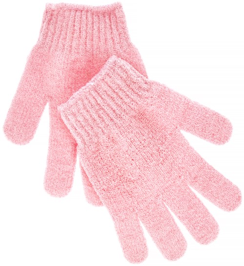 Roze gebreide handschoenen met geribbelde boorden, één handschoen ligt bovenop de andere.