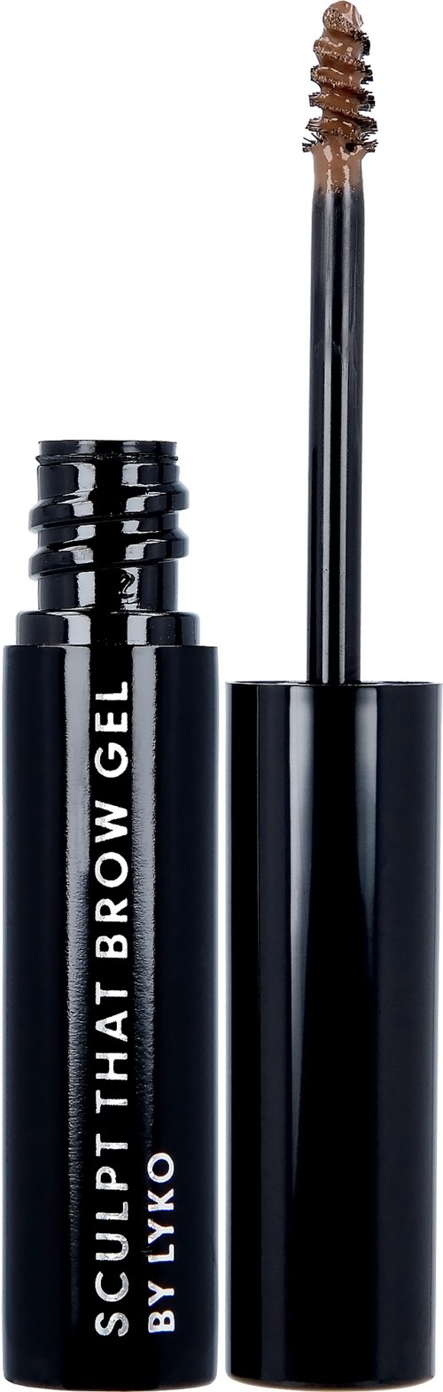 Een zwart buisje met wenkbrauwgel en kwast, gelabeld "SCULPT BROW GEL BY LYK".