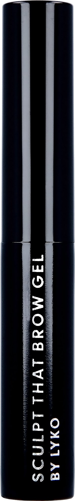 Een zwarte tube met de tekst 'SCULPT THAT BROW GEL BY LYKO' op een donkere achtergrond.