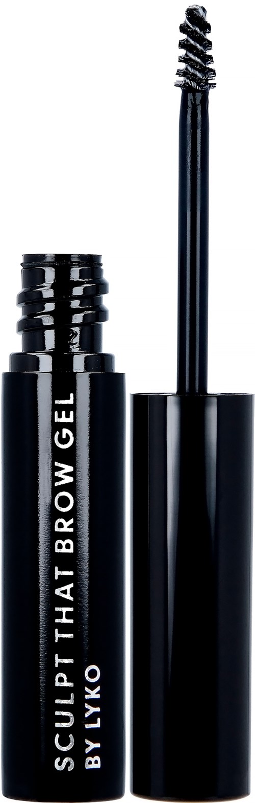 Een zwarte buis met een borstel, gelabeld "SCULPT THAT BROW GEL BY LIKO."