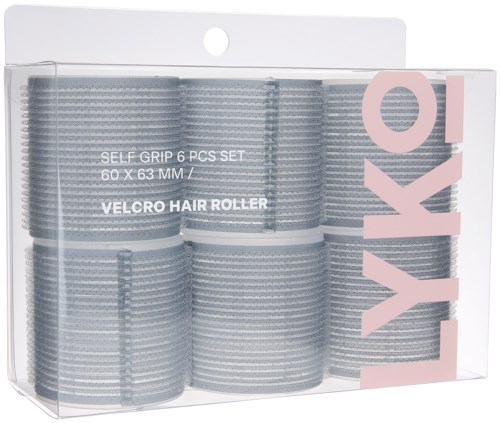 A clear box holds six gray hair rollers with white bands, labeled as a self grip set for hair styling.