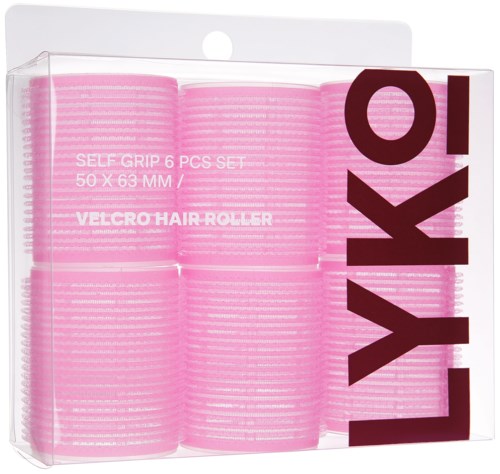 Pink hair rollers in a clear plastic box labeled "LYKO" and "self grip 6 pcs set."