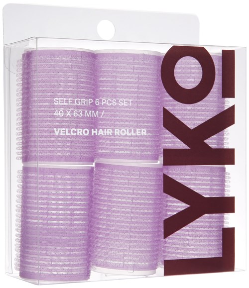 Six purple Velcro hair rollers in clear plastic packaging with large black "YOKO" text.