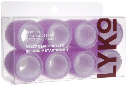 Een set paarse haarrollers in een doorzichtige plastic doos met tekst over grootte en aantal rollers.