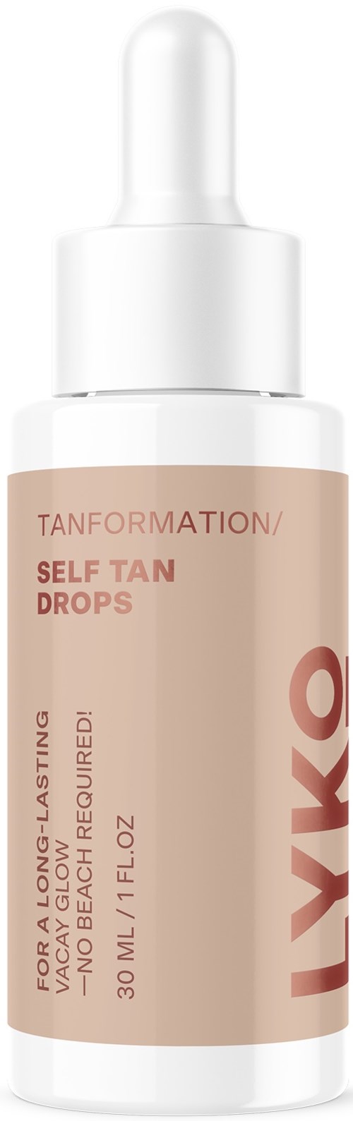 A small bottle with a dropper cap labeled "Self Tan Drops" by LYK. It is for tanning the skin.