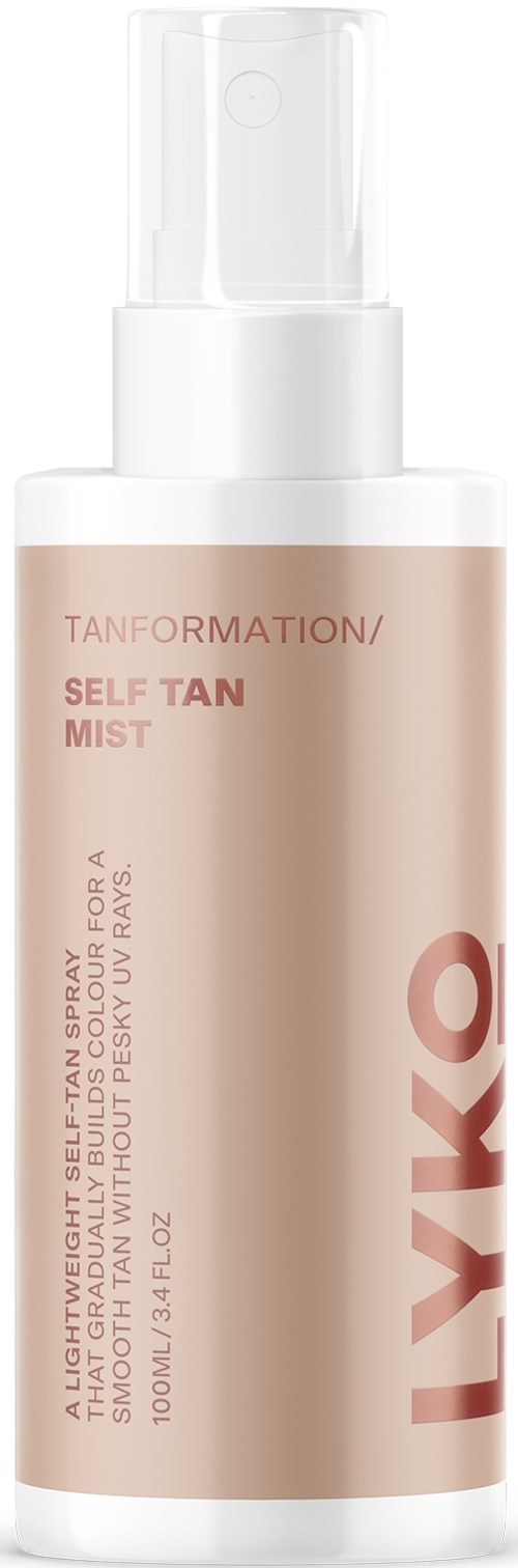 A white bottle with a pump contains self-tan mist for skin, with brand marks and text on the label.