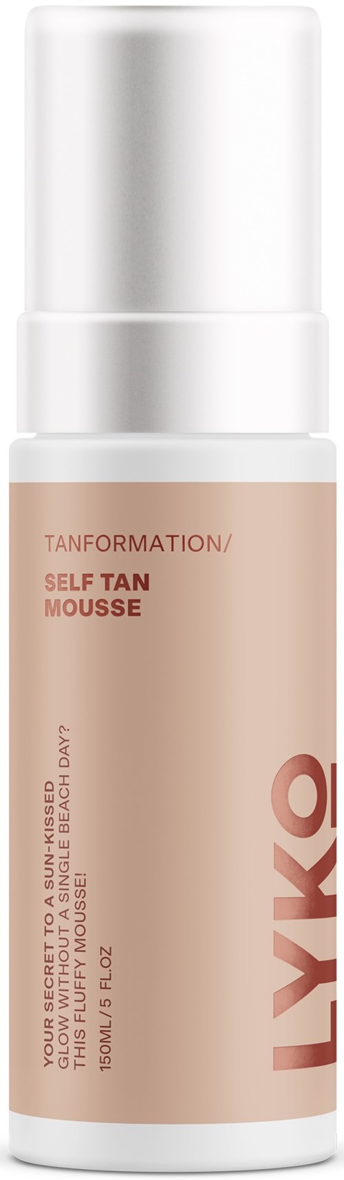 A bottle of self-tanning mousse with pinkish-beige label and white pump cap.