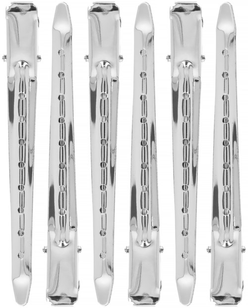 Six metal nail clippers arranged vertically, shiny and reflective, with a simple design and three cutting edges each.