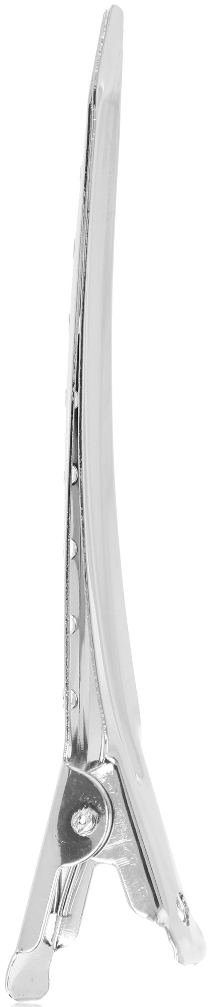 A silver hair clip with a curved shape and a small hinge in the middle.