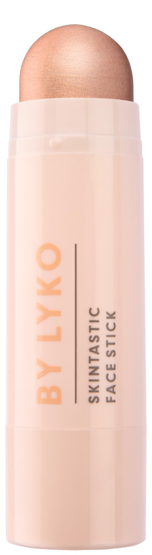 Een beige gezichtsstift met afgeronde tip en oranje tekst die zegt BYLKO, SKINTASTIC FACE STICK.