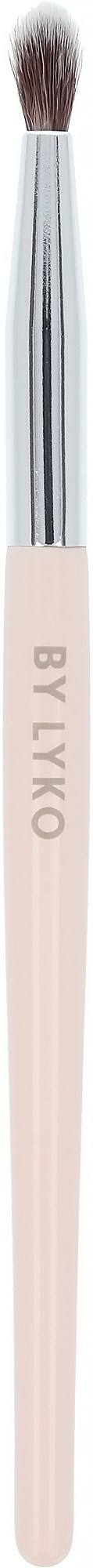 A small makeup brush with a light pink handle and dark bristles.