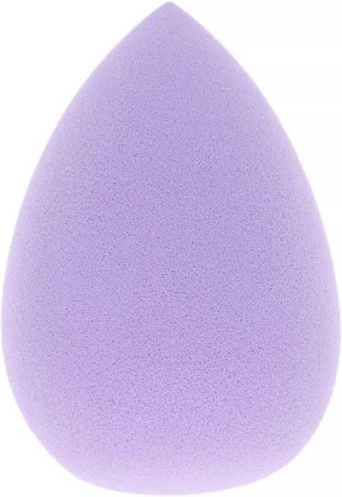 A purple, teardrop-shaped makeup sponge with a smooth surface.