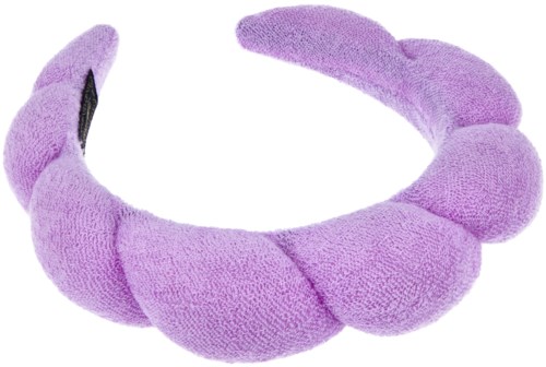 Een zachte, paarse pluche hoofdband met konijnenoren en een pomponversiering.