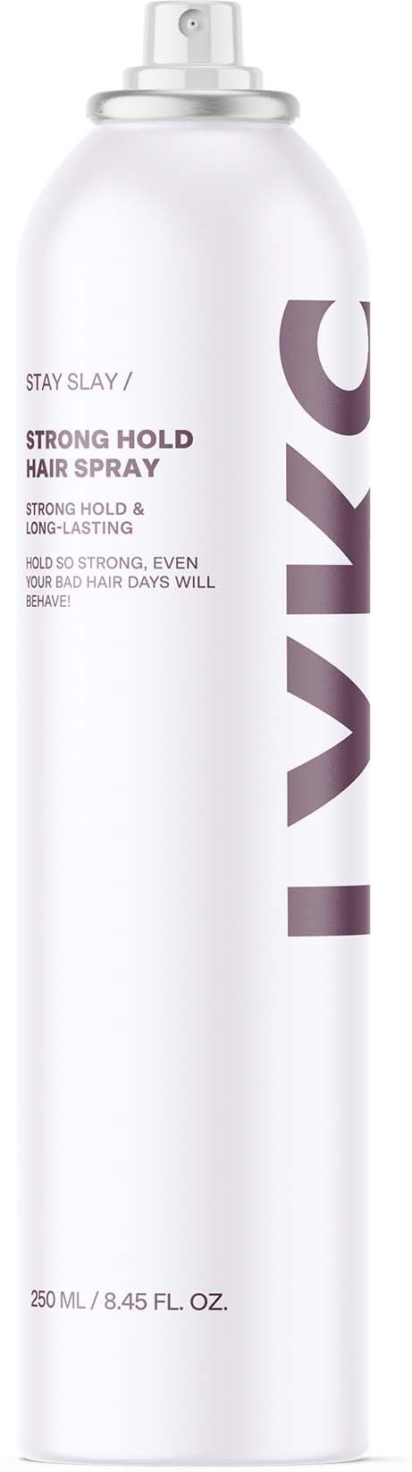 A white can with a spray nozzle, labeled 'L'VIC', and text about hair spray effects and size.