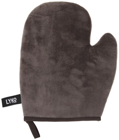 Een grijze ovenwant met een zwart label 'LYKO'. Zachte, pluizige textuur en een lus voor ophangen.