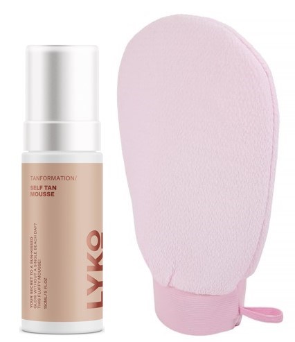 A self-tan mousse bottle and a pink tanning mitt for application.
