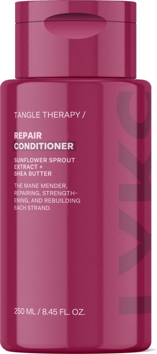Een roze fles TANGLE TERA PY Repair Conditioner met zonnebloemextract en sheaboter.