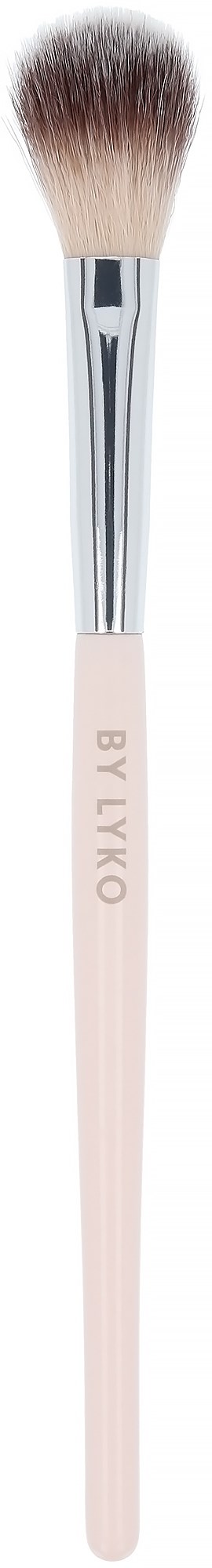 A makeup brush with a white handle and fluffy bristles. It has the words "BY LXKO" on the handle.