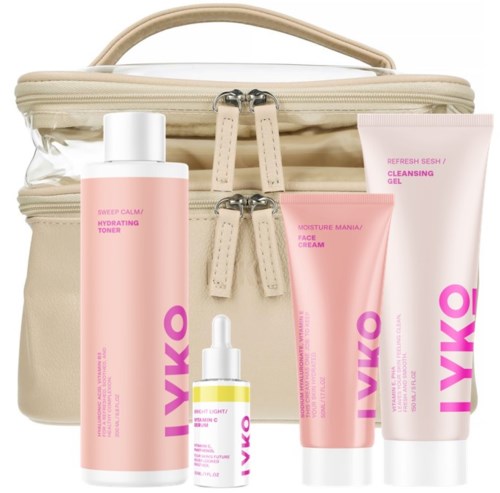 Satz aus Hautpflegeprodukten inklusive Toner, Gel, Gesichtscreme, Serum und eine Tasche zur Aufbewahrung.