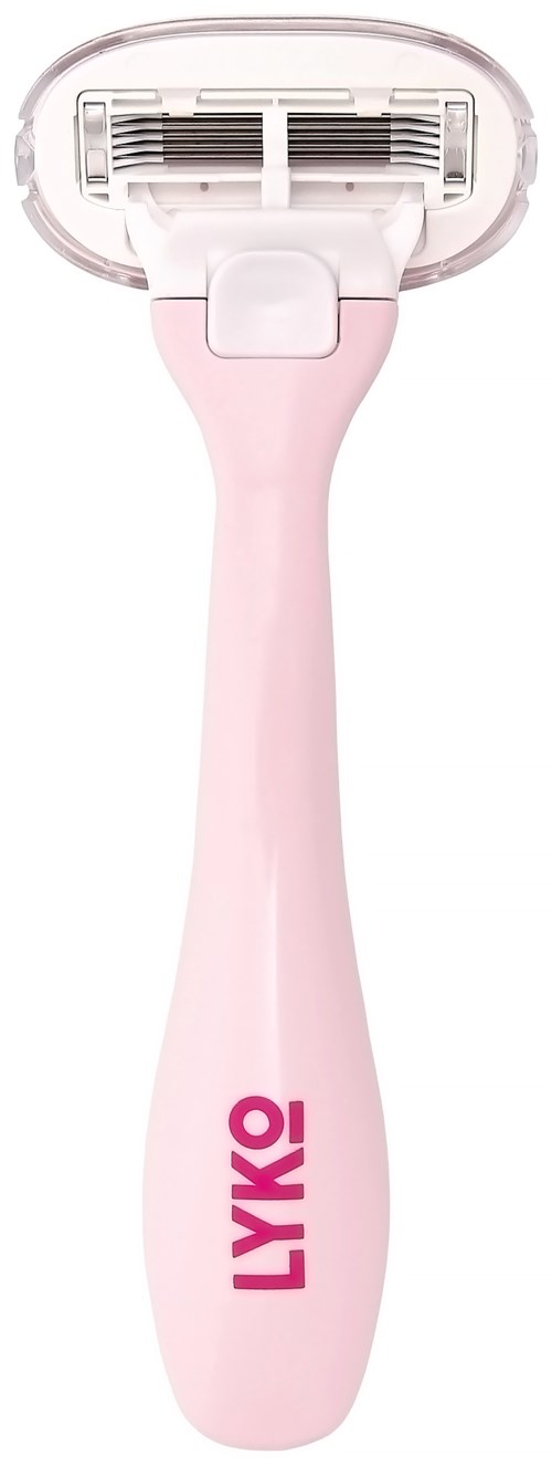 Pinkes Rasiergerät mit weißer Oberseite und dem Markennamen 'LYKO' am Griff.