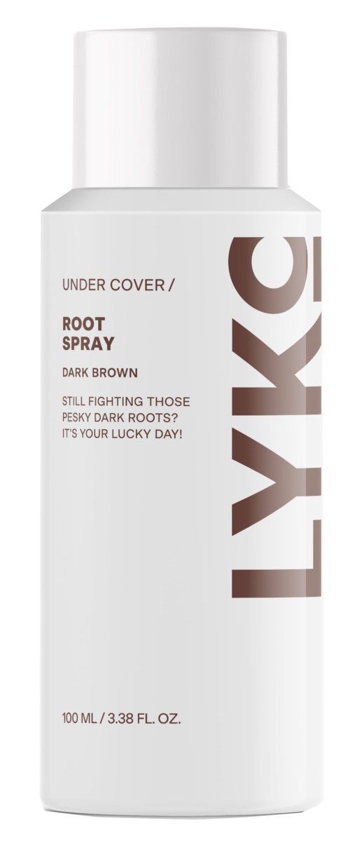 Een witte fles met 'LYKO' erop en tekst over root spray voor donkerbruin haar.