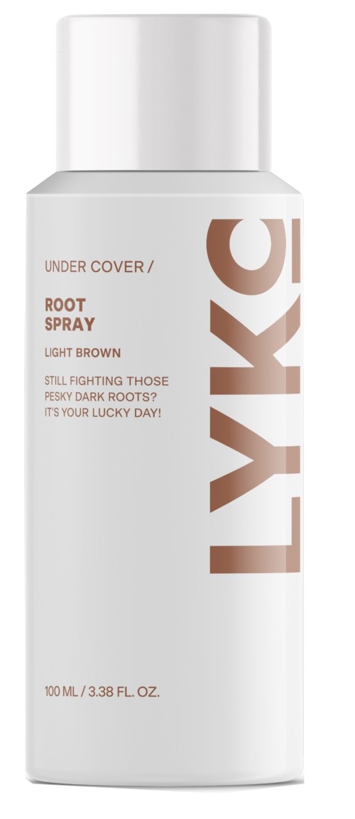 Een witte fles met bruin tekst die zegt 'LYKO' en informatie over een wortelspray voor donkere roots.
