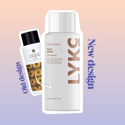 Een nieuwe fles met 'LYKC' en een oude met zwart deksel en gele cirkelontwerp.