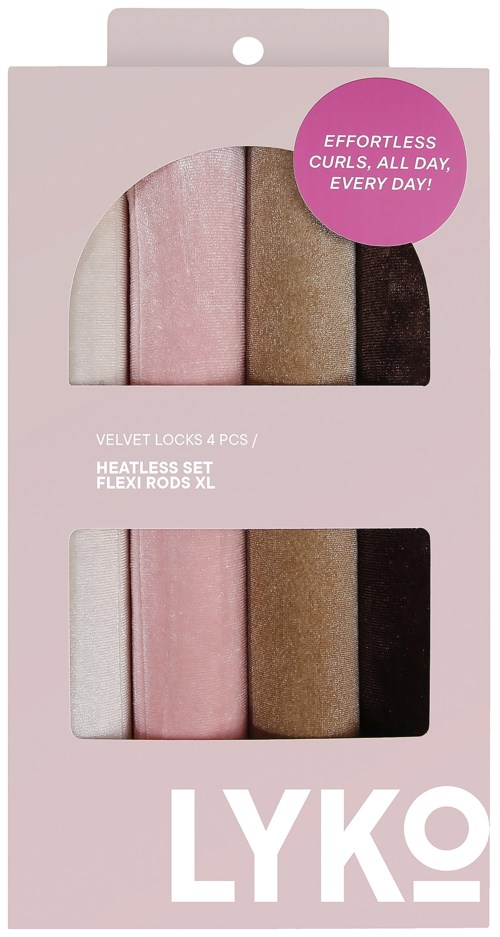 Dit is een doos met vier zachte, fluwelen haarbanden in roze, beige, bruin en zwart. De verpakking benadrukt moeiteloze krullen.