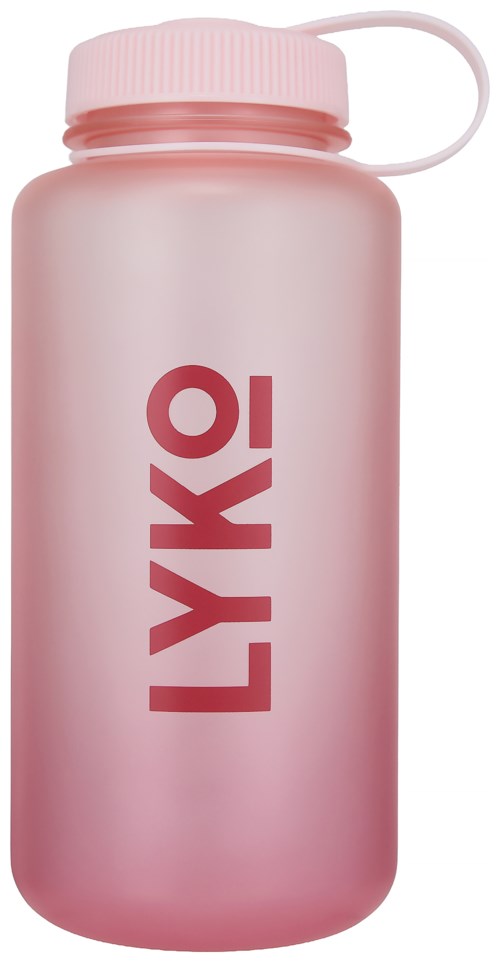 Rosa Wasserflasche mit Schraubverschluss und Schlaufe, trägt die Aufschrift LYKO in großen Buchstaben.