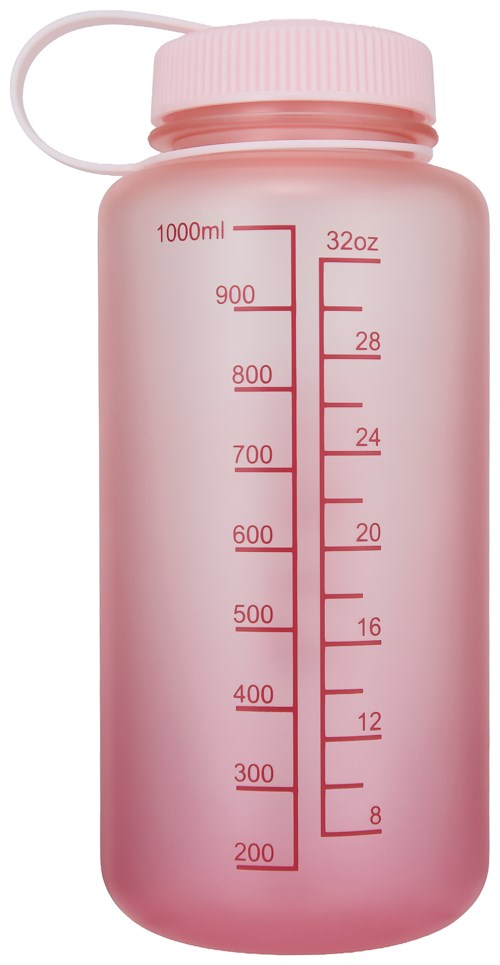 Rosa Plastikflasche mit Messmarkierungen in Milliliter und Unzen.