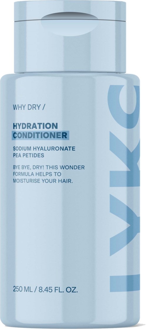 Een lichtblauwe flesje met hydraterende conditioner voor droog haar, bevat natriumhyaluronaat en ertepeptiden, met een flip-top deksel.