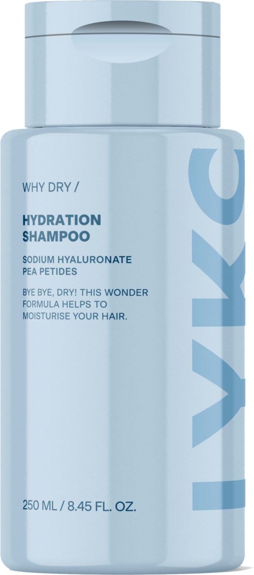Een lichtblauwe fles hydraterende shampoo, 250 ml. Voor droog haar.