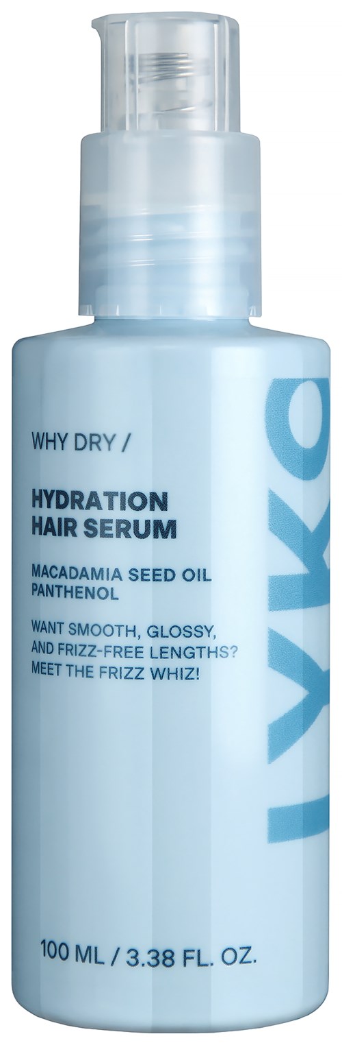 Een lichtblauwe fles haarserum met pomp, bevat macadamiasseedolie en panthenol, voor glad en frizz-vrij haar.