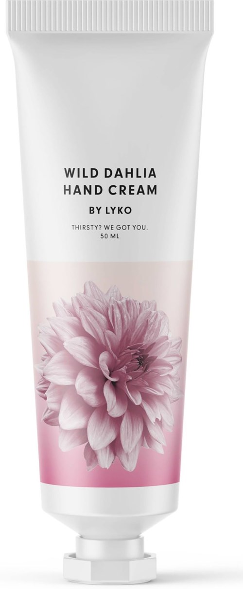 En vit tub med en rosa blomma, märkt 'Wild Dahlia Hand Cream av Lyko.'
